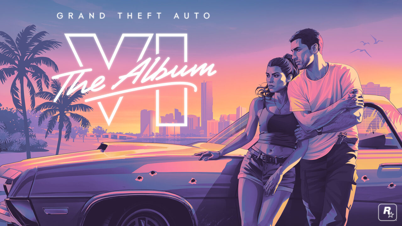 Illustrated art of Lucia and Jason leaning against a bullet-holed car at sunset, with palm trees and a city skyline behind them and the words Grand Theft Auto VI The Album in neon script at the left.