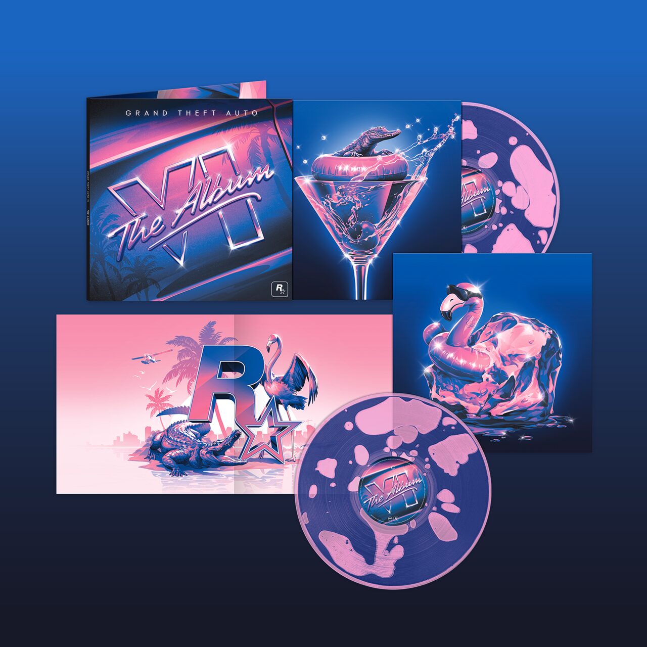 The album’s vinyl packaging laid out on a blue background: a gatefold sleeve with the album logo on a car window, sleeves showing an alligator in an inner tube in a martini glass and a flamingo inner tube frozen in ice, a pink insert with the Rockstar logo between an alligator and a flamingo, and two blue and pink splattered vinyl discs.