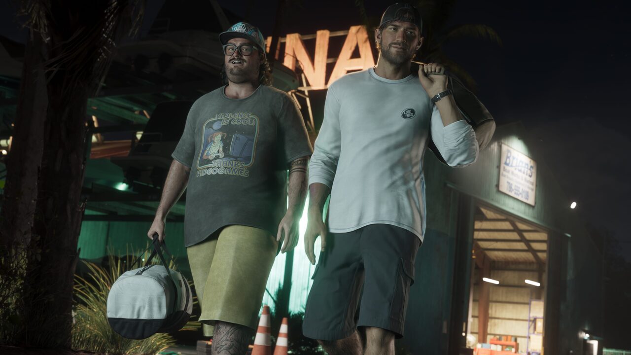Cal Hampton walking at night carrying a duffel bag beside another man, a lit marina sign behind them.