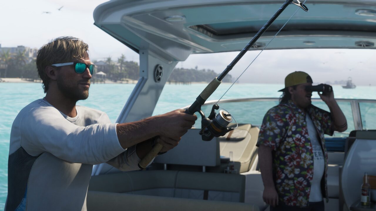 Jason Duval casting a fishing rod from the deck of a boat, sunglasses on, another man behind him looking through binoculars.