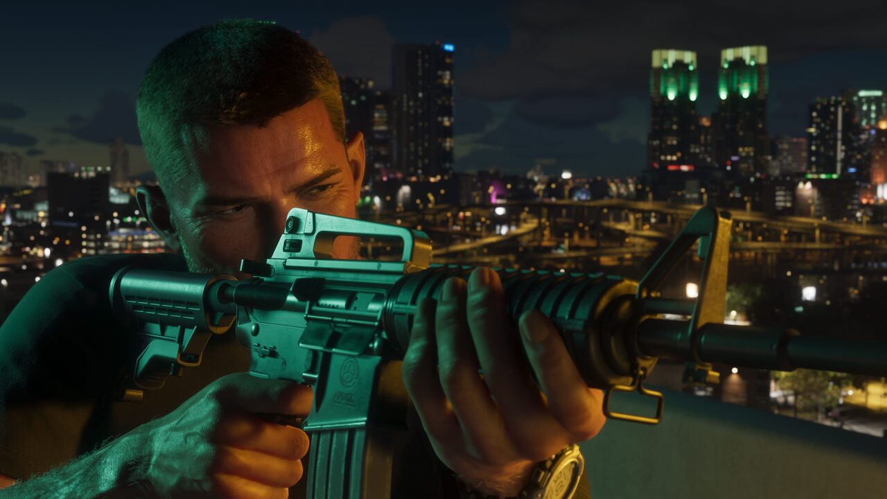 Jason Duval aiming a rifle from a rooftop at night, a lit city skyline in the background.