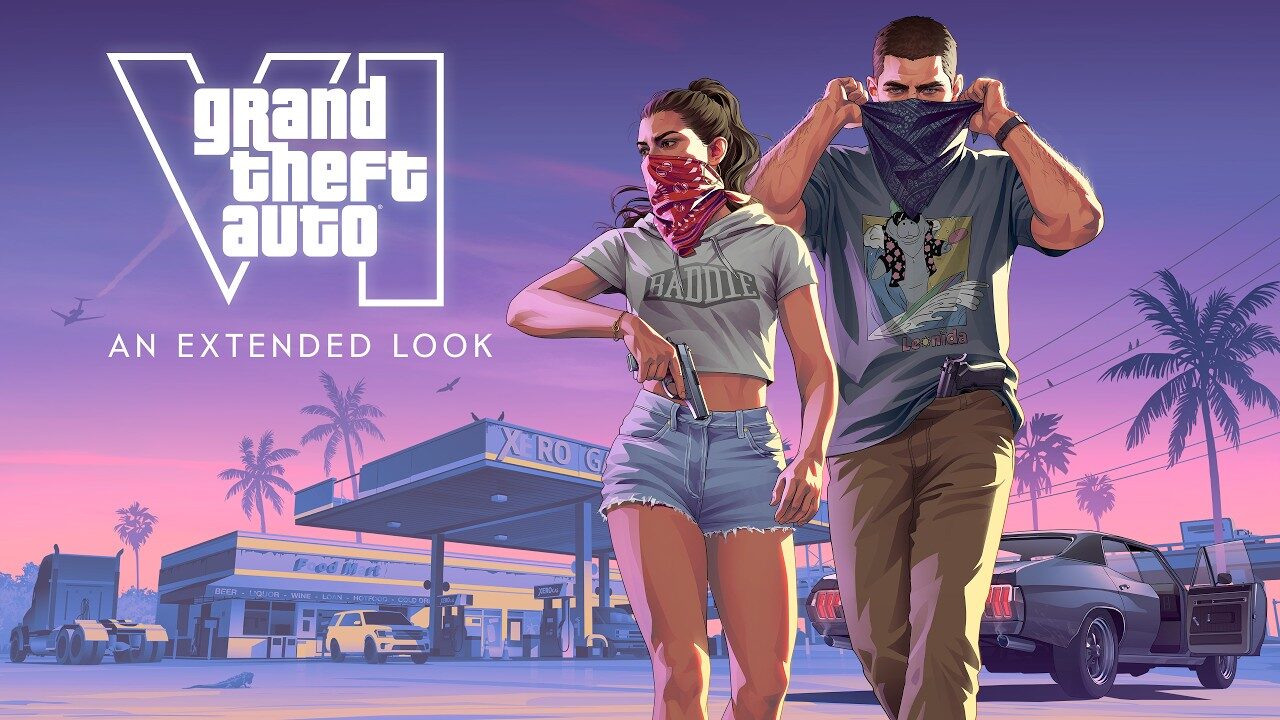 Lucia and Jason walking away from a roadside gas station at dusk, each pulling a bandana up over their face, a pistol tucked into Lucia’s waistband; palms, power lines and a purple sunset behind them, with the Grand Theft Auto VI logo and the words An Extended Look set at the left.