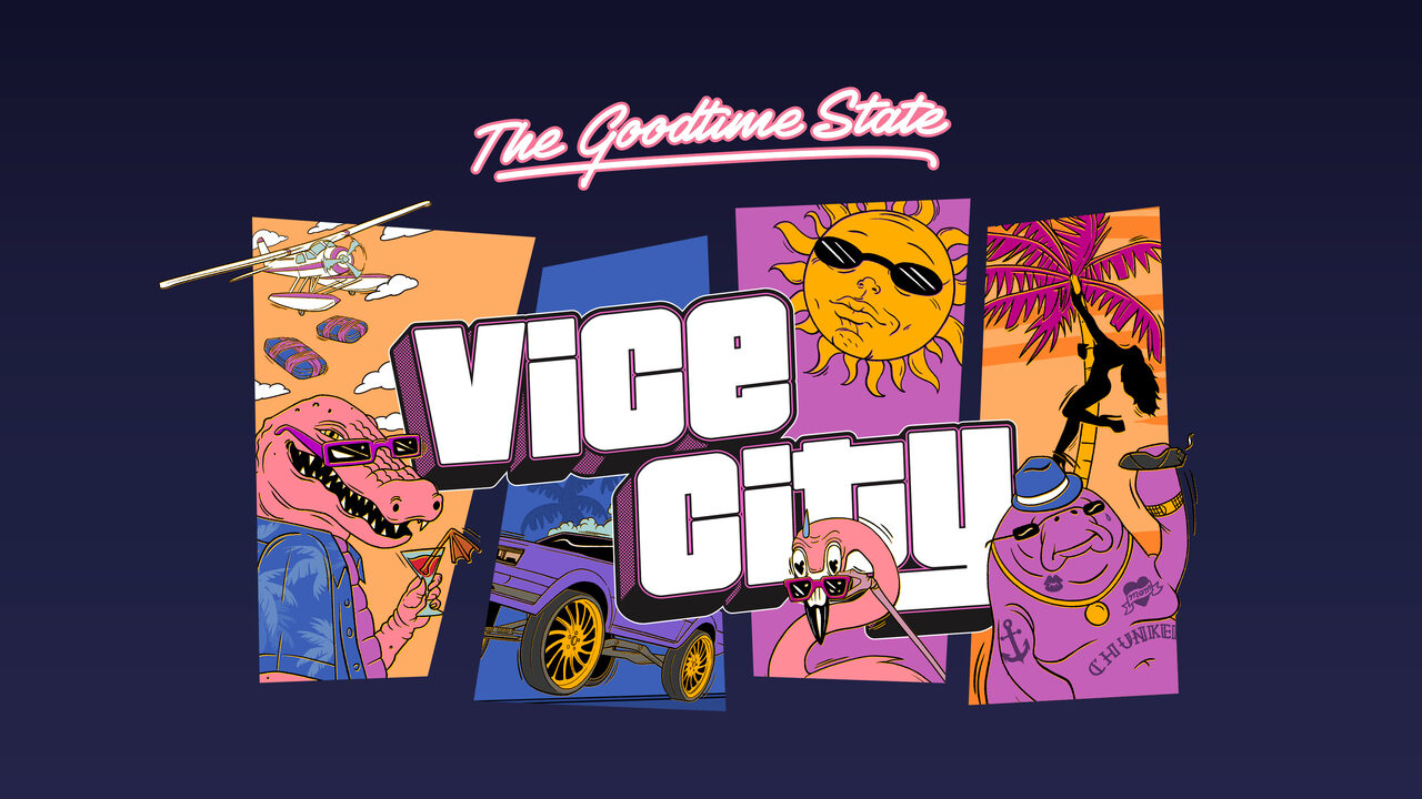 Cartoon art on a dark blue background: The Goodtime State in pink neon script above the words Vice City in chunky white letters, over four panels showing a pink alligator in sunglasses and a floral shirt holding a cocktail, a purple lowrider with gold wheels, a sun in sunglasses above a flamingo in heart-shaped sunglasses, and a tattooed purple manatee in a fedora holding a cigar beneath a palm tree.