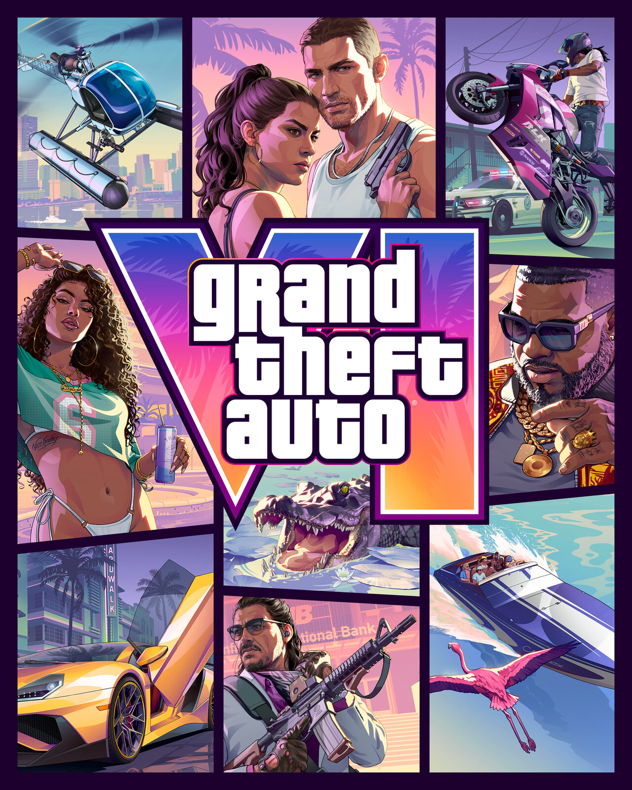 Portrait cover artwork for the Standard Edition: illustrated panels around the Grand Theft Auto VI logo, with the two leads at the top and Leonida scenes around them.