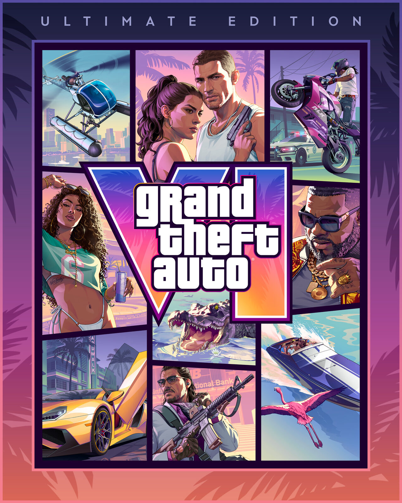 Portrait cover artwork headed ULTIMATE EDITION: the same illustrated panel grid around the Grand Theft Auto VI logo, framed by palm silhouettes.