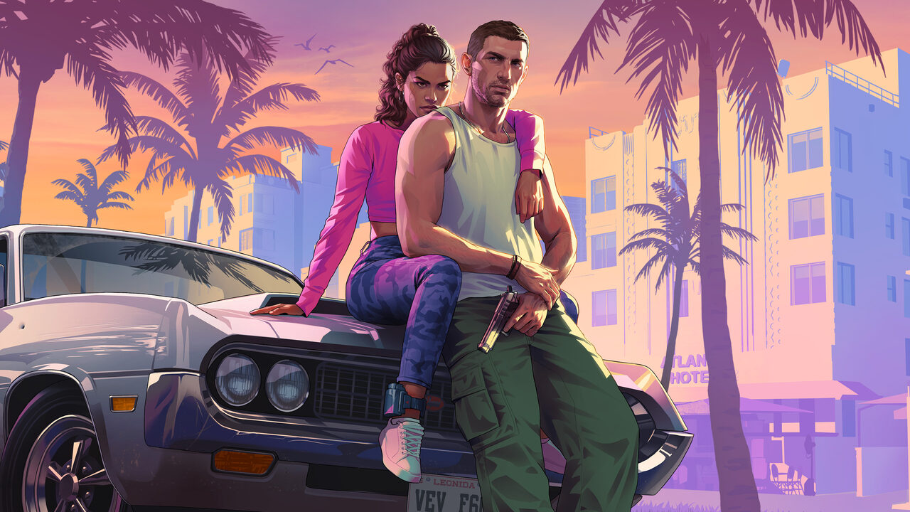 Illustrated art of a woman and a man sitting on the hood of a silver classic car on a sunny street, the man holding a pistol, with palm trees and pastel hotel buildings behind them.