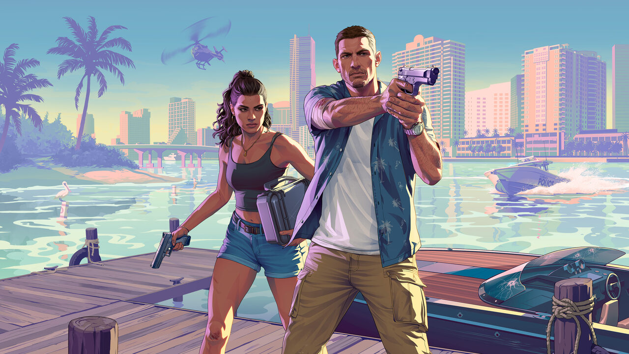 Illustrated art of a woman and a man advancing along a wooden dock with pistols drawn, the woman carrying a metal case, with a speedboat, a helicopter and a city skyline across the water behind them.