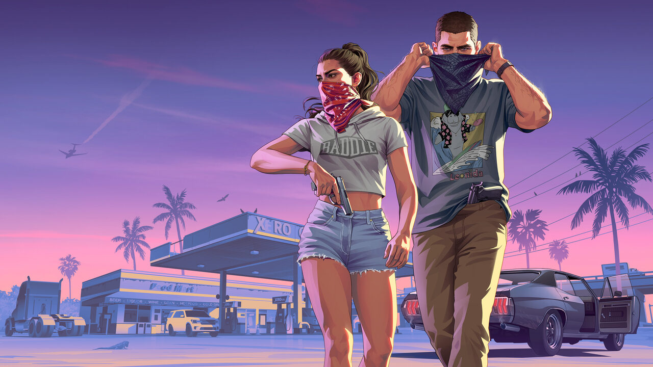 Illustrated key art of Lucia and Jason pulling bandanas over their faces as they walk from a gas station at dusk, a car waiting with its door open.