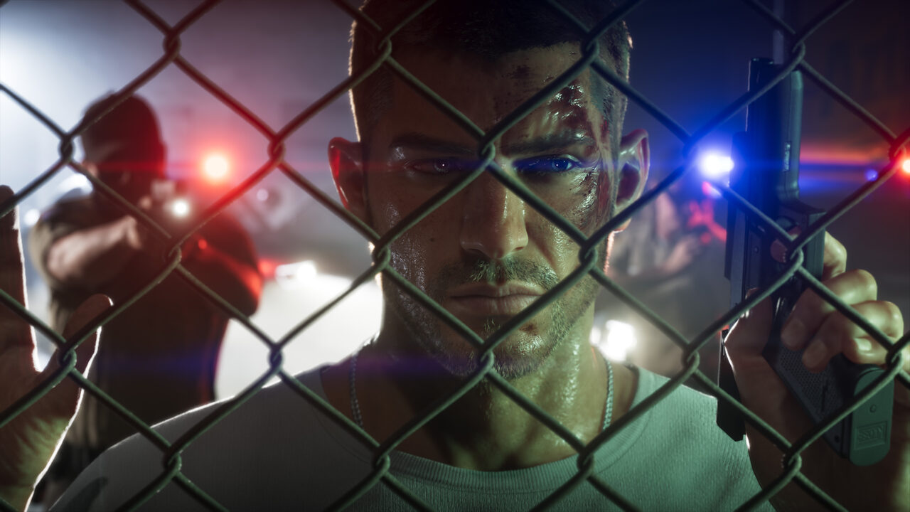 Jason Duval behind a chain-link fence at night, his face cut and bruised and a pistol in his hand, with red and blue lights and a blurred figure behind him.