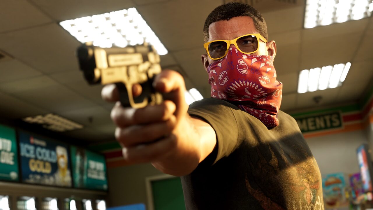 Jason Duval in yellow sunglasses with a red bandana over his face, pointing a pistol at the camera inside a convenience store.