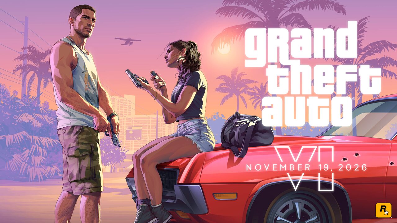 Illustrated key art of Jason standing at left with a pistol held low, and Lucia sitting on the hood of a bullet-holed red car loading a pistol, a duffel bag beside her, under a purple sunset with palms, a seaplane and the Grand Theft Auto VI logo with the date November 19, 2026.