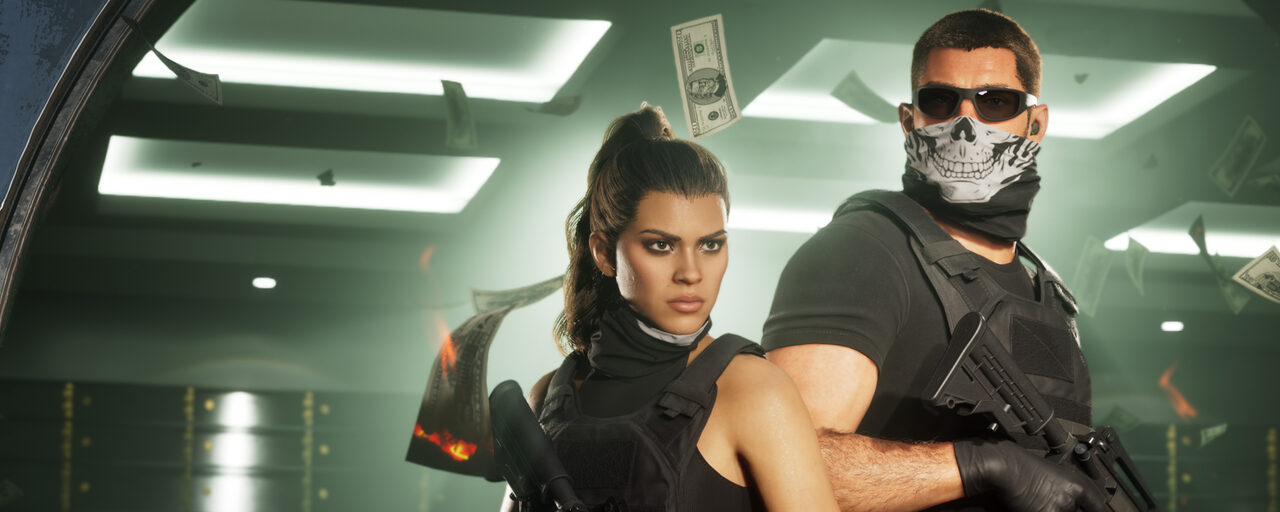 A woman and a man in tactical vests holding rifles in a vault, the man in sunglasses and a skull-print face covering, with banknotes falling around them.