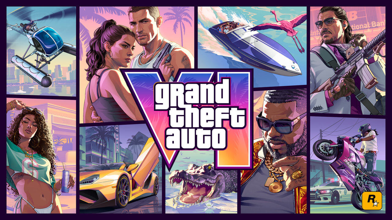 The Grand Theft Auto VI cover artwork: a grid of illustrated panels around the VI logo, showing the two leads, a helicopter, a speedboat, an alligator, a sports car and other Leonida scenes.
