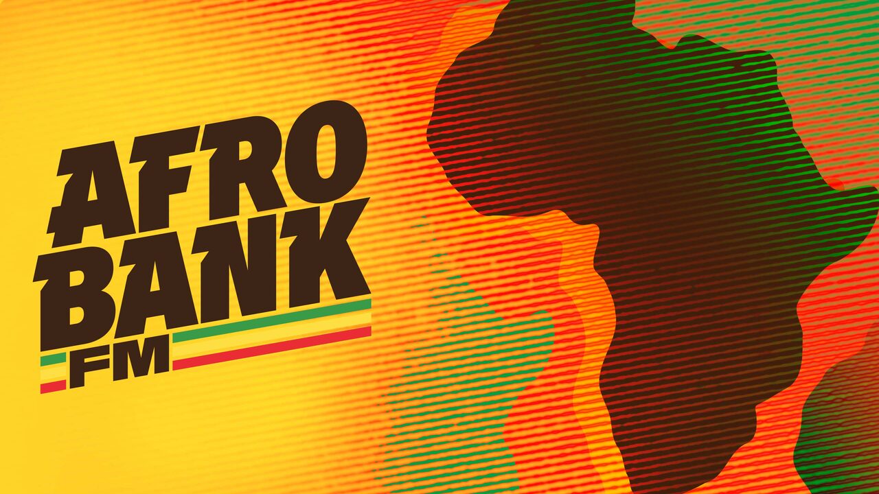 The AfroBank FM logo in heavy brown letters on yellow beside a striped silhouette of Africa in green, red and black.