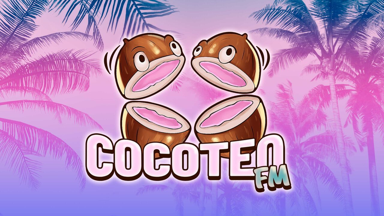 Two cartoon coconuts split open with wide eyes, facing each other above the Cocoteo FM logo in chunky pink letters, against pink and purple palm trees.