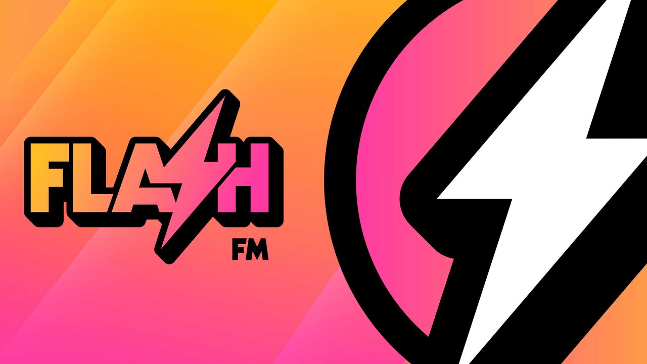 The Flash FM logo in yellow and pink with a lightning bolt in place of the S, on an orange and pink gradient beside a large lightning-bolt emblem.