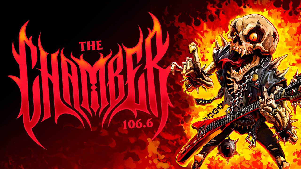 A snarling cartoon skeleton in a spiked leather jacket playing a red electric guitar in front of flames, beside The Chamber 106.6 logo in jagged red metal lettering.