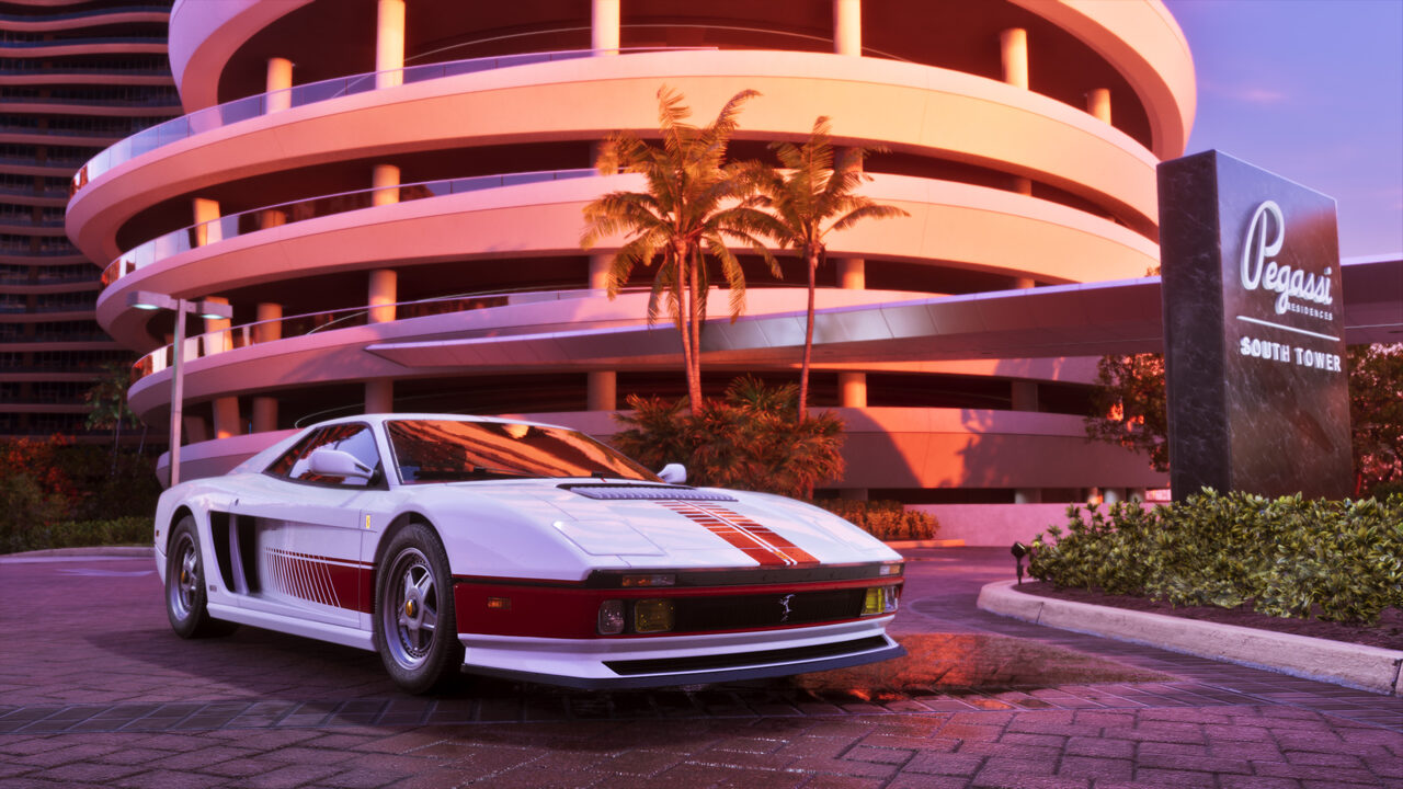 A white and red Grotti sports car parked on brick paving outside the curved Pegassi Residences South Tower at dusk, palms lit behind it.