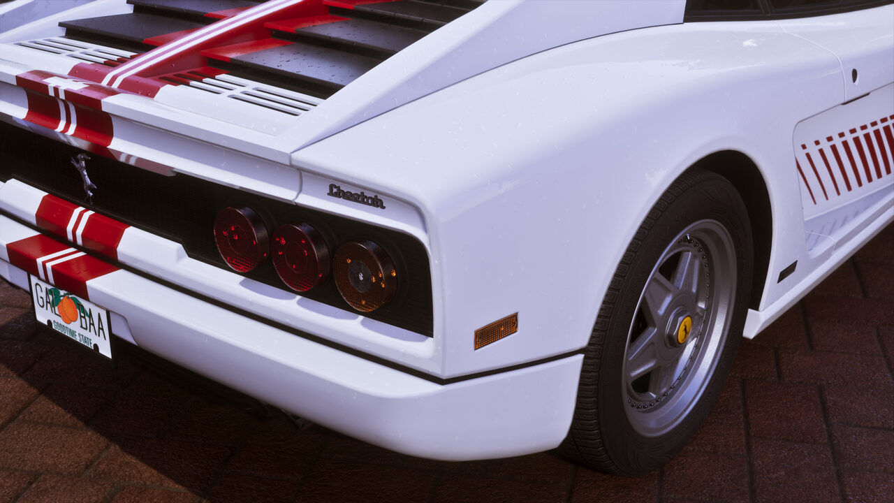 Rear three-quarter detail of a white Grotti Cheetah with red striping, its louvred engine cover, round tail lights and Goodtime State plate in view.