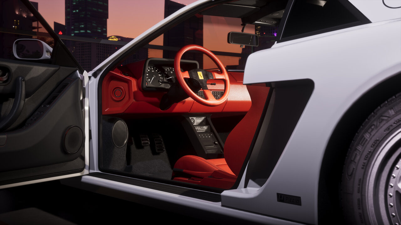 The open door of a white Grotti sports car showing a red leather interior and matching steering wheel, a city skyline at dusk beyond.