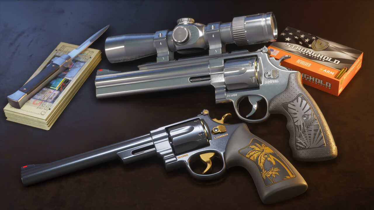 Two engraved revolvers laid on a dark surface, one scoped and marked J. Duval, the other with palm-tree grips marked L. Caminos, beside a knife, banknotes and a box of ammunition.