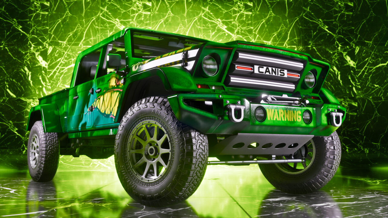 A bright green Canis pickup truck with a fanged creature airbrushed along its side and WARNING lettered across the front bumper, lit against a green marbled backdrop.