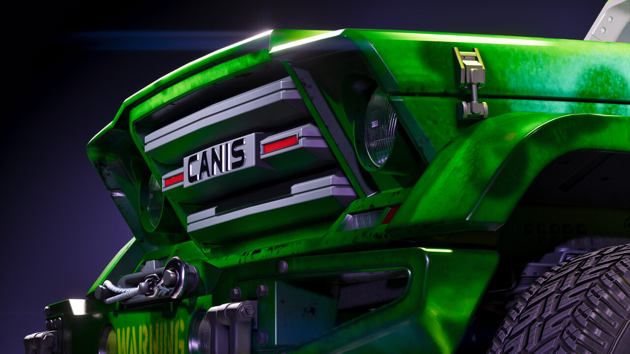 Close front detail of a bright green Canis pickup, its badged grille, winch hook and WARNING bumper lettering lit against a dark backdrop.
