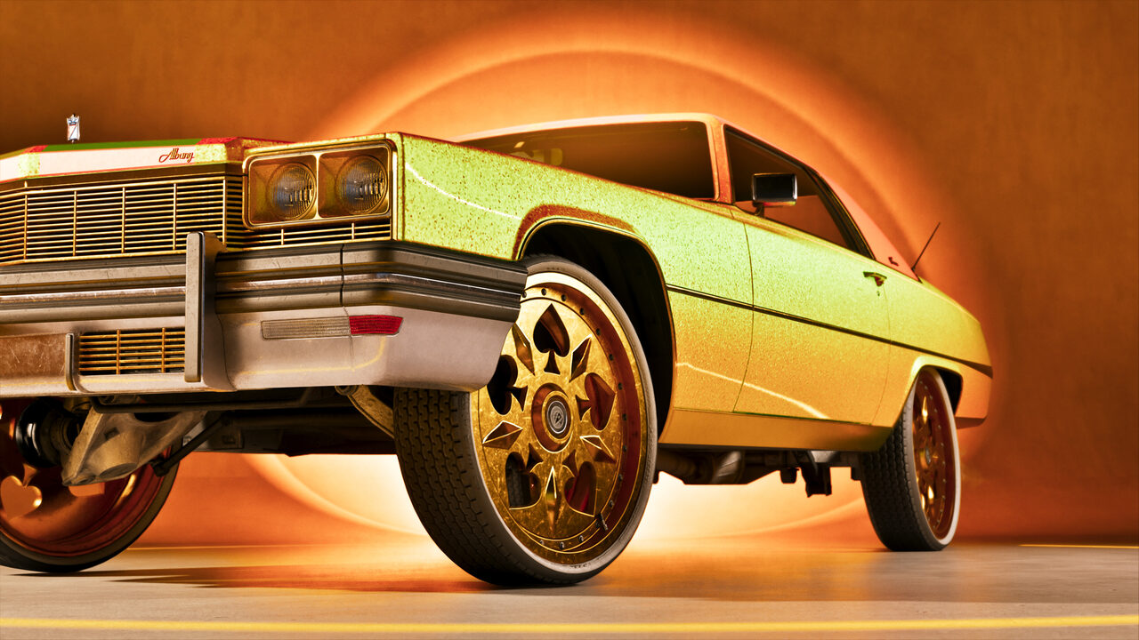 A lowered Albany sedan in green and gold flake paint on gold star-spoke wheels, photographed low against a warm orange backdrop.
