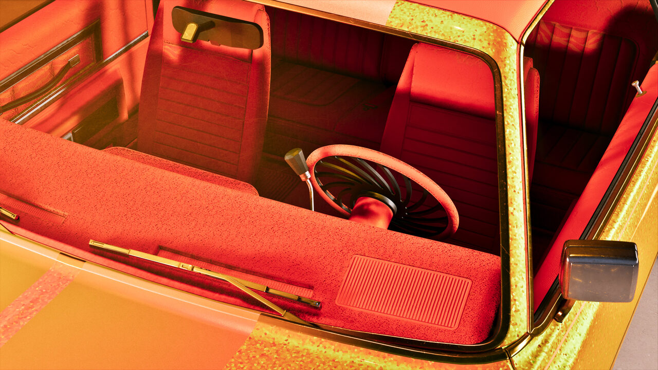 Overhead view into an open-topped classic car with orange-red upholstery, a slim steering wheel and gold flake paint along the sills.