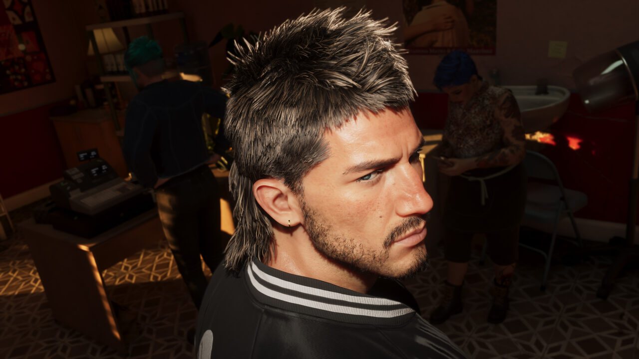 Close profile of Jason with a freshly cut mullet inside the salon, two stylists working in the background.