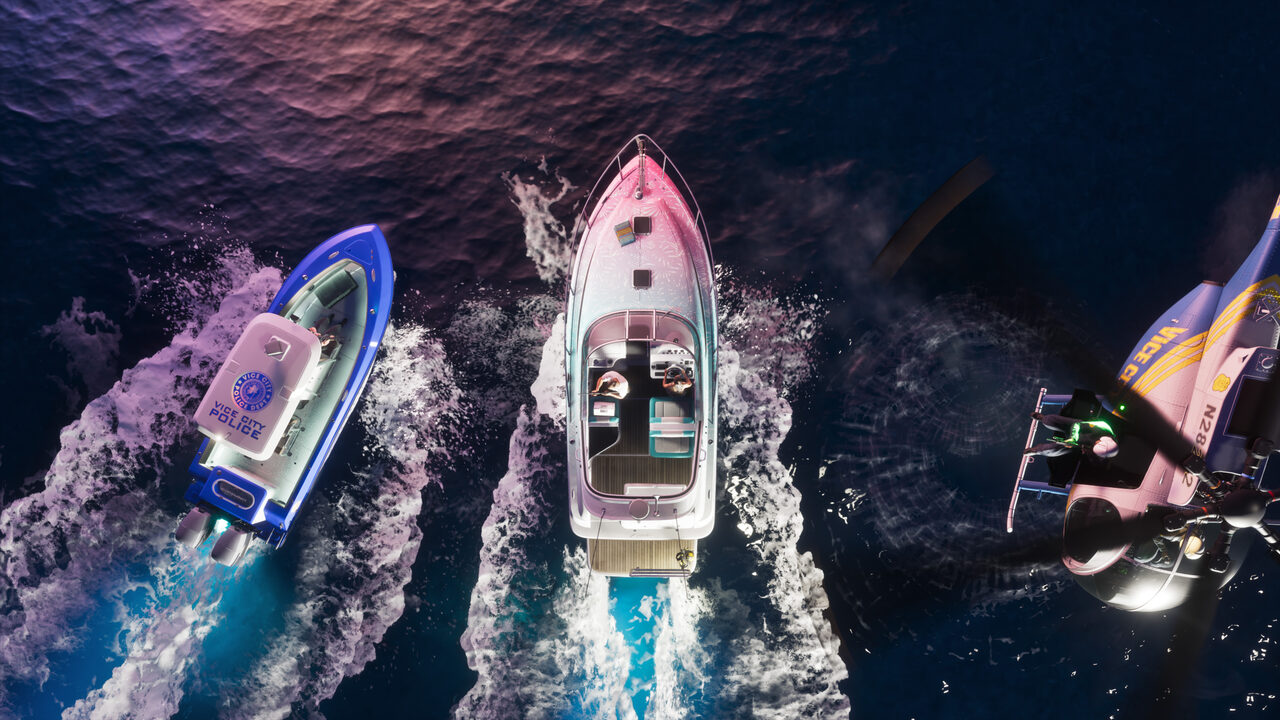 Overhead night shot of a pink and white speedboat at speed, a Vice City Police boat closing from one side and a police helicopter from the other.