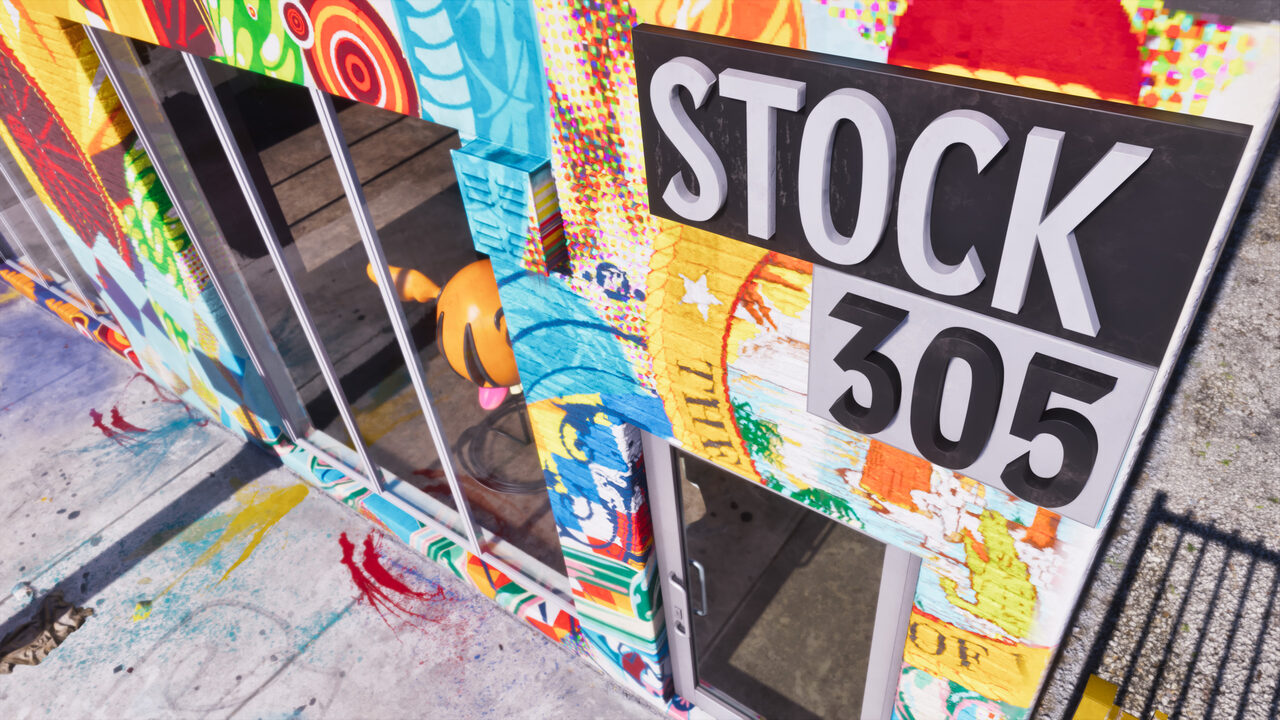 The STOCK 305 shopfront sign mounted on a wall covered edge to edge in bright collaged mural art, seen from above.