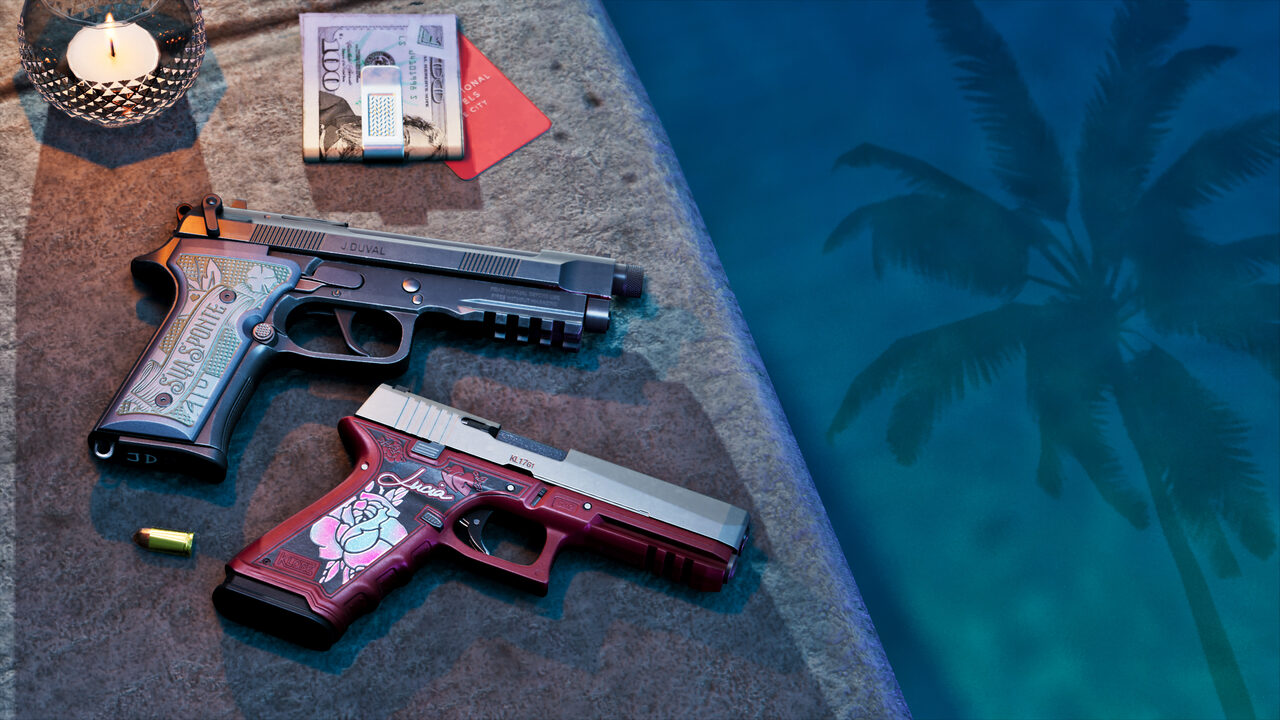 Two custom-finished pistols on a poolside ledge at night, one engraved and marked J. Duval, the other deep red with a rose motif and Lucia script, beside a money clip and a candle.