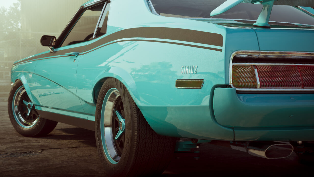 Rear quarter detail of a turquoise Sirius muscle car with a gold side stripe, chrome-lipped wheels and a rear spoiler, in hazy light.