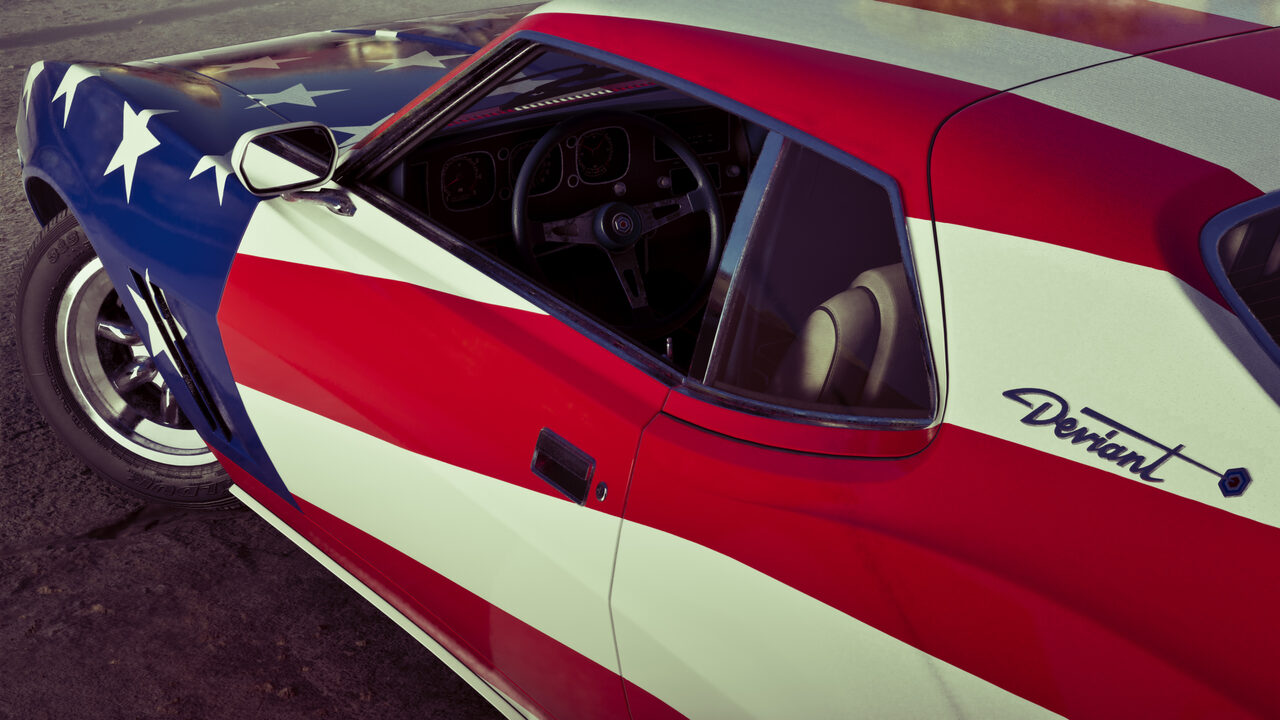Side detail of a Deviant coupe painted in stars and stripes, its badge script and dark interior visible through the glass.
