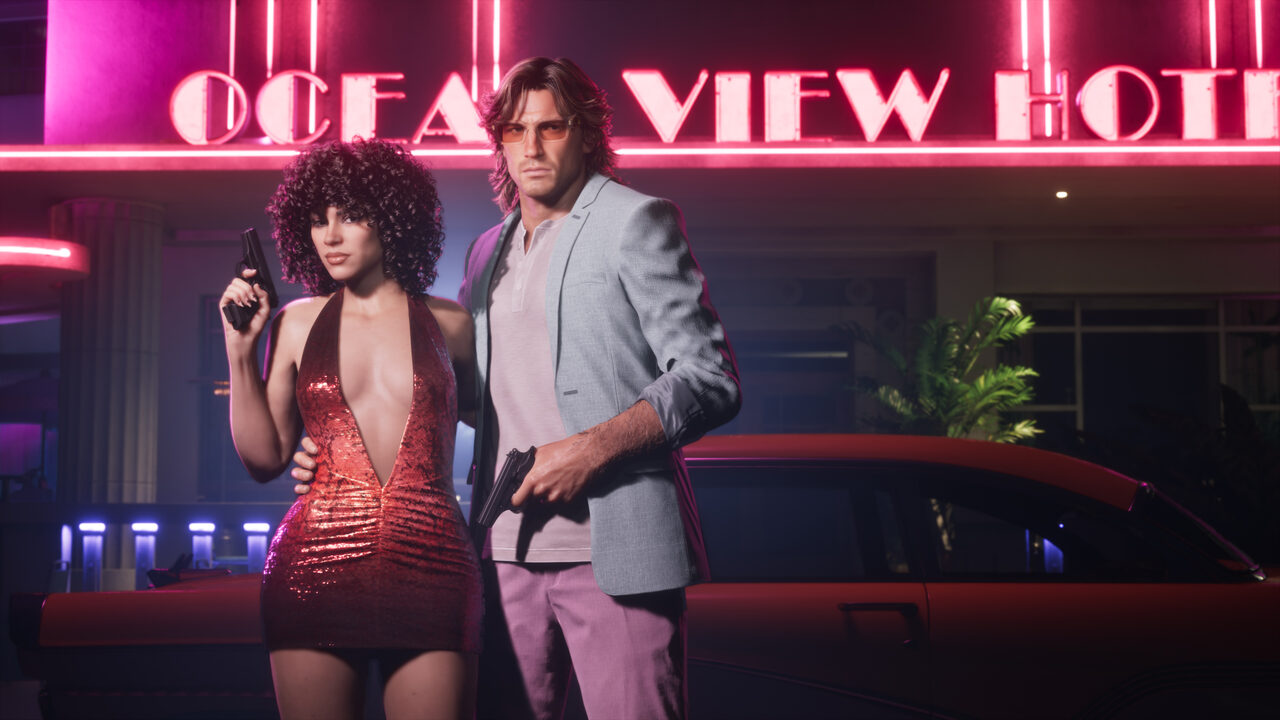 A woman in a red sequin dress and a man in a grey jacket, both holding pistols, standing in front of a red car under a pink neon Ocean View Hotel sign.
