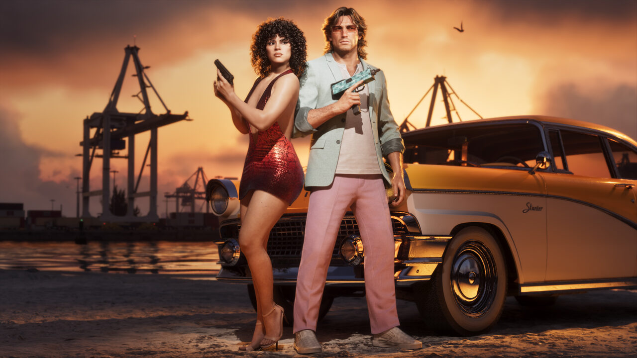 A woman in a red sequin dress and a man in a pale suit, both holding pistols, standing beside a yellow and white Stanier sedan on a waterfront with cranes behind them at sunset.