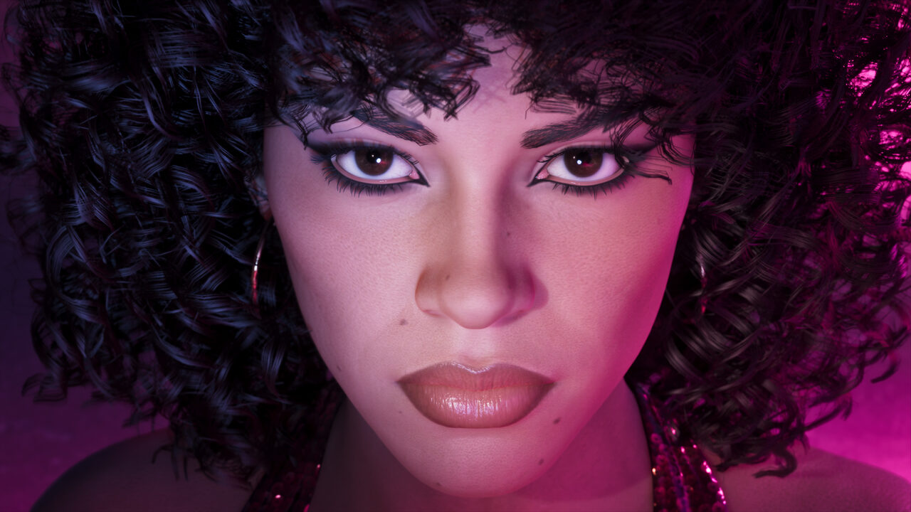 Close-up of a woman with dark curly hair looking straight at the camera.