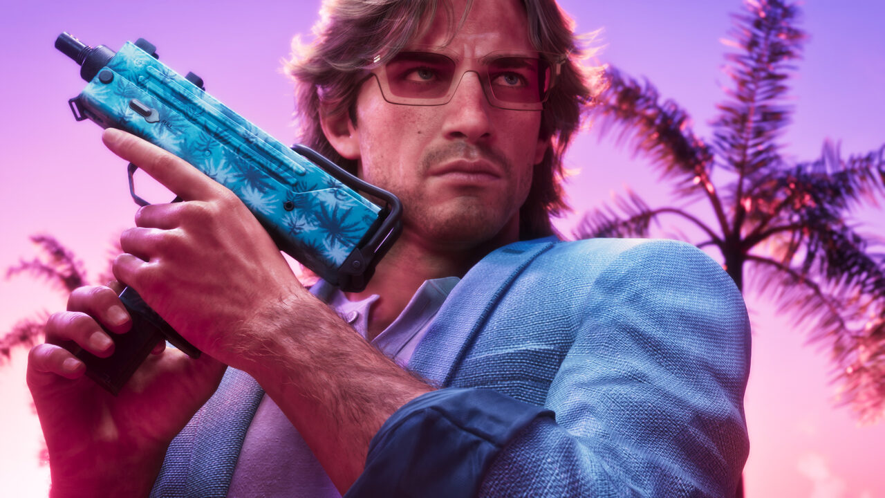A man in tinted glasses and a blue jacket holding up a teal submachine gun with a palm-leaf pattern, palm trees behind him.