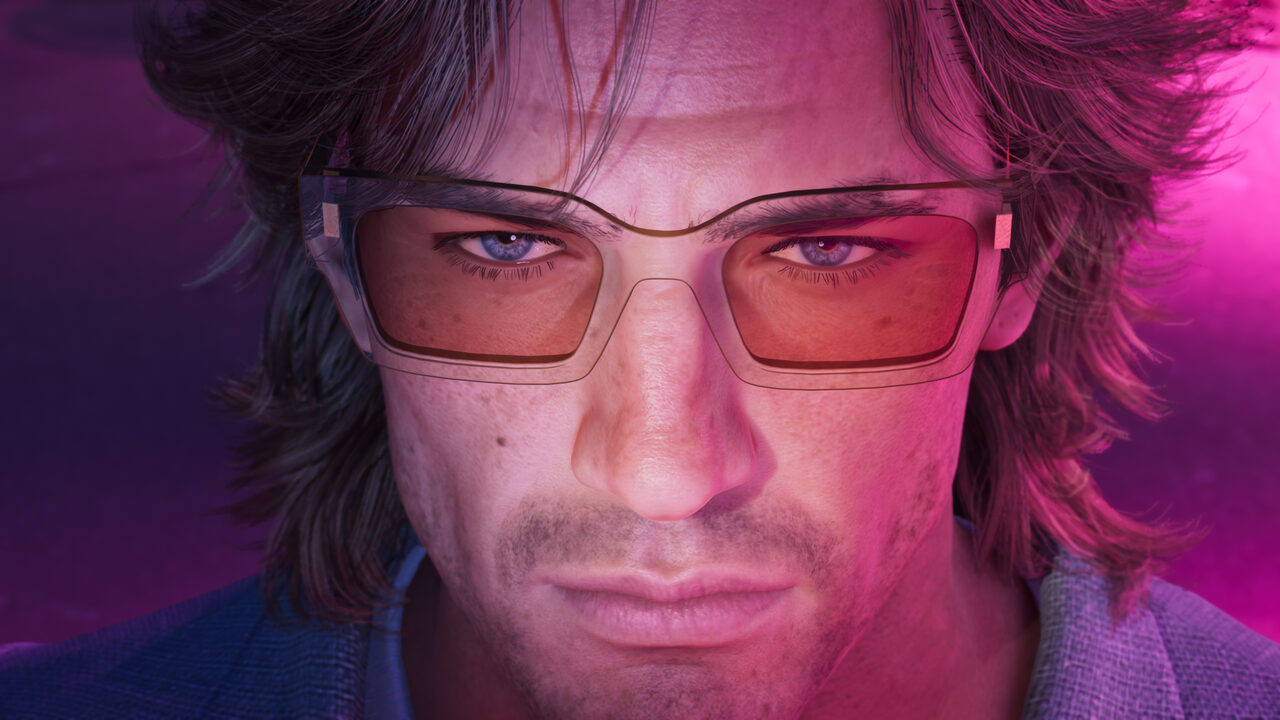 Close-up of a man with feathered hair and pink-tinted glasses looking into the camera.