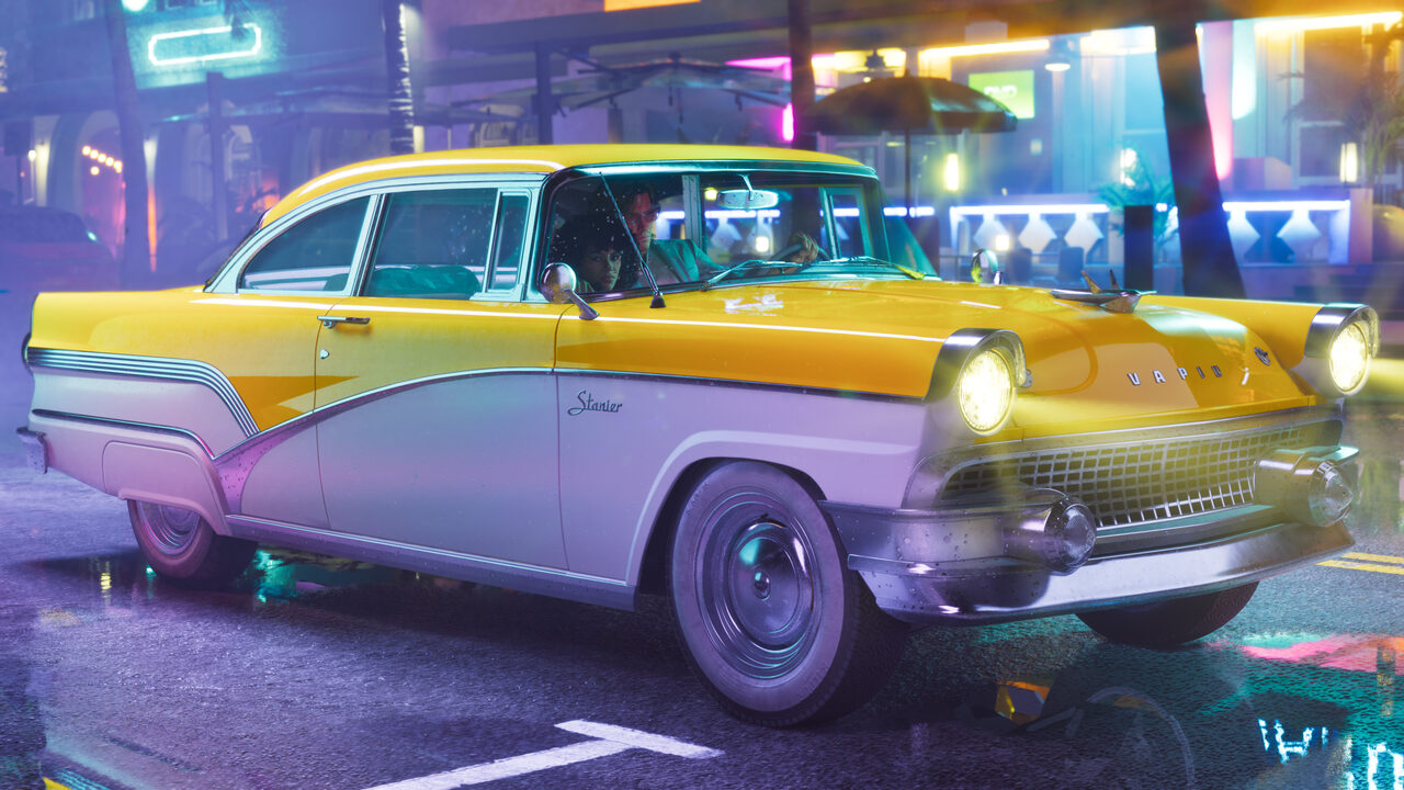 A yellow and white Stanier sedan with two people inside, parked at night on a neon-lit street.