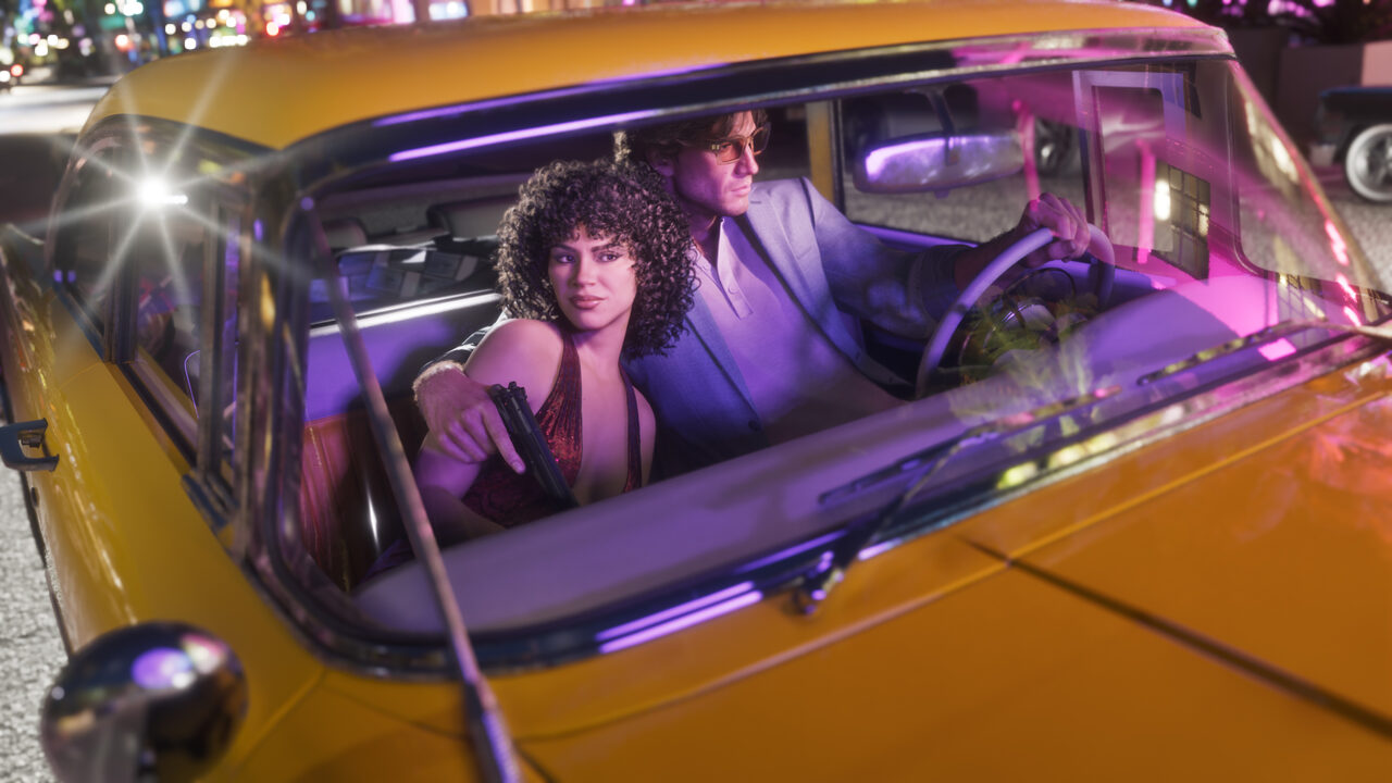 A woman holding a pistol beside a man at the wheel, seen through the window of a yellow Stanier at night.