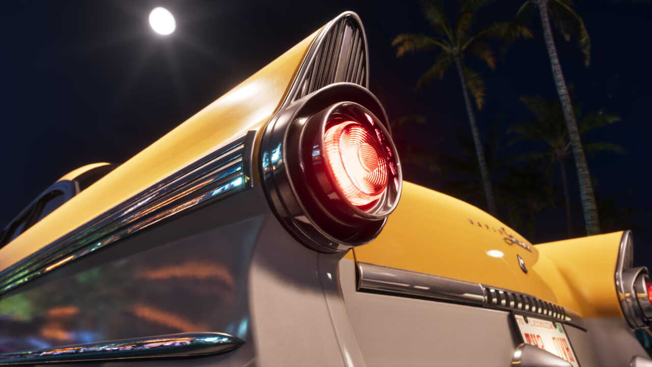 Close detail of the tail fin and glowing red tail light of a yellow and white sedan at night, with palm trees and the moon behind.