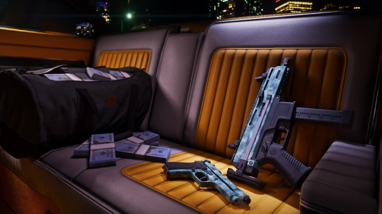 The back seat of a car holding a duffel bag, bundles of cash, and a pistol and a submachine gun finished in a teal palm-leaf pattern.