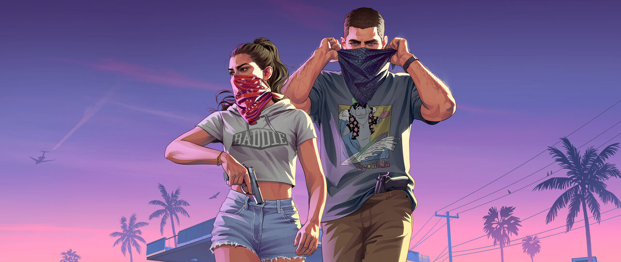 Lucia and Jason walking abreast at dusk, each pulling a bandana up over their face and a pistol in Lucia’s hand, with palms, power lines and the roof of a gas station low behind them under a purple sky.