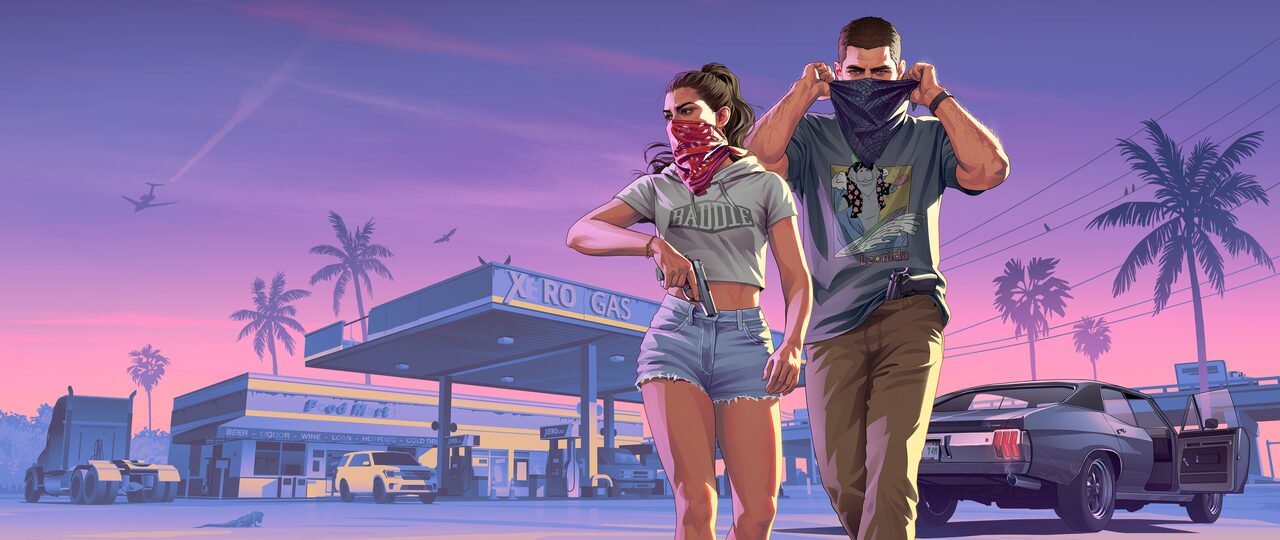 Illustrated key art of Lucia and Jason walking away from a lit gas station at dusk, both pulling bandanas up over their faces, Lucia holding a pistol at her hip and a dark muscle car waiting behind them under pink and purple sky.