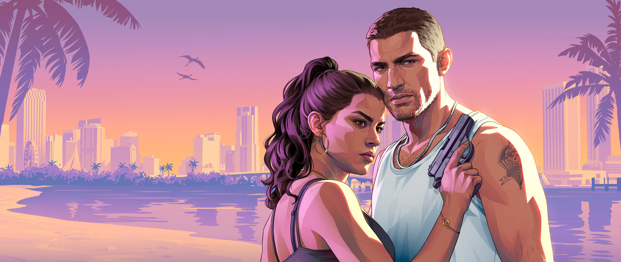 Illustrated key art of Lucia and Jason together on a beach at sunset, the Vice City skyline and palms behind them in pink and orange.