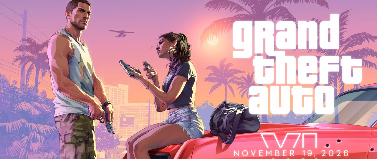 Illustrated key art of Jason holding a pistol low and Lucia on the hood of a red car loading a pistol, under a purple sunset with palms, beside the Grand Theft Auto logo and the date November 19, 2026.