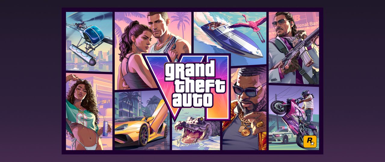 The published cover artwork, centred on a deep purple field: a grid of illustrated panels around the game logotype showing Lucia and Jason, a speedboat leaping past a flamingo, a yellow supercar, an alligator, a man in gold chains, and a rider standing on a pink motorcycle.