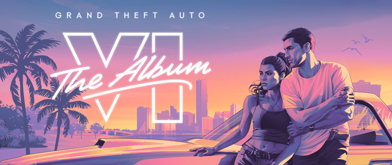 Illustrated art of Lucia and Jason leaning against a car at sunset, with palm trees and a city skyline behind them and the words Grand Theft Auto VI The Album in neon script at the left.